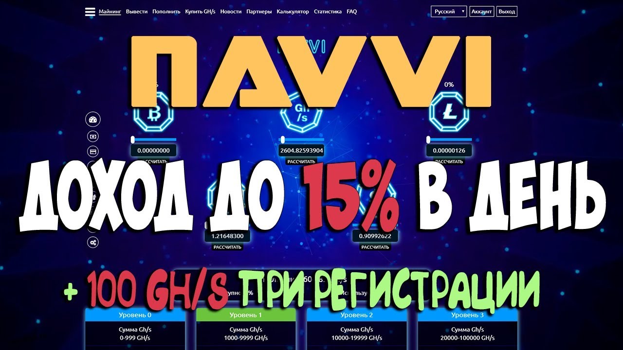Navvi — облачный майнинг до 15% дохода в день + бонус 100 Gh/s в подарок
